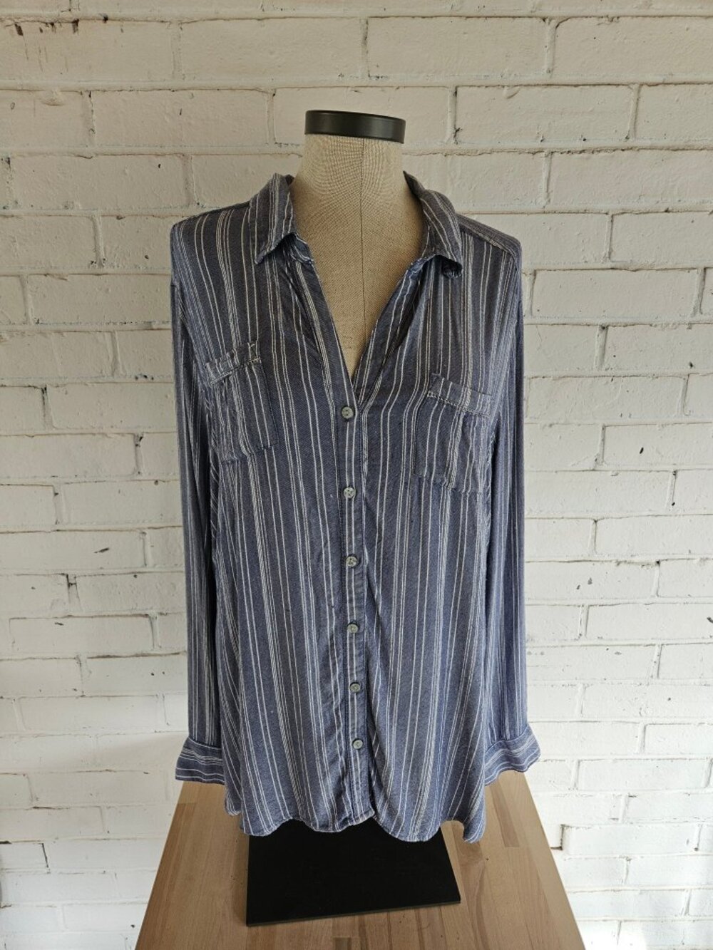 Vintage America Blue White Striped Button Down Blouse XL